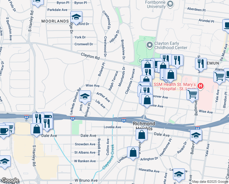 map of restaurants, bars, coffee shops, grocery stores, and more near 1140 Ralph Terrace in Richmond Heights