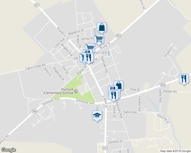 map of restaurants, bars, coffee shops, grocery stores, and more near 209 South Main Street in Hurlock
