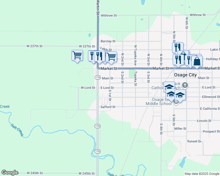 map of restaurants, bars, coffee shops, grocery stores, and more near 100 East Lord Street in Osage City