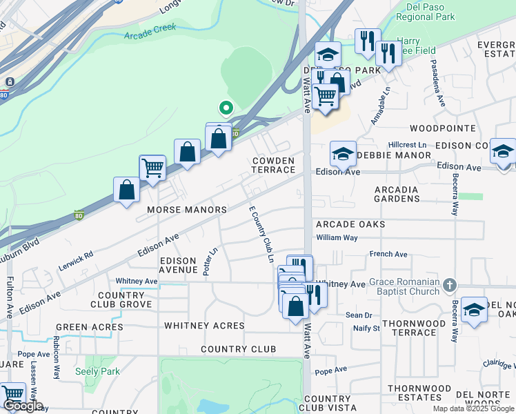 map of restaurants, bars, coffee shops, grocery stores, and more near 3660 East Country Club Lane in Sacramento