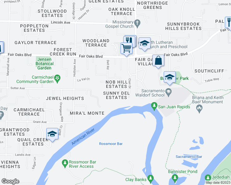 map of restaurants, bars, coffee shops, grocery stores, and more near 3710 Dell Road in Carmichael