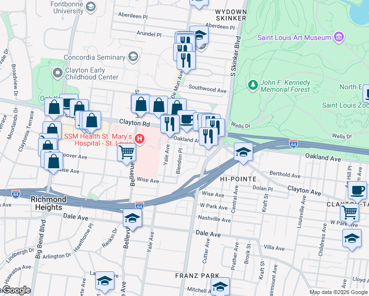 map of restaurants, bars, coffee shops, grocery stores, and more near 1020 Blendon Place in Richmond Heights