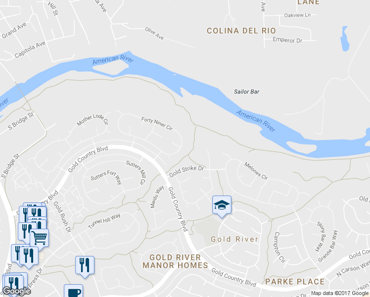 map of restaurants, bars, coffee shops, grocery stores, and more near 11535 Forty Niner Circle in Gold River