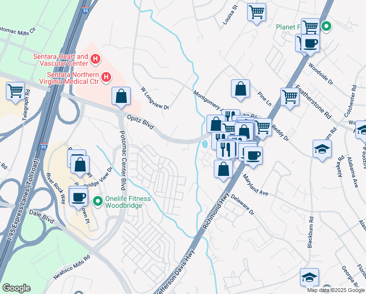 map of restaurants, bars, coffee shops, grocery stores, and more near 14768 Malloy Court in Woodbridge