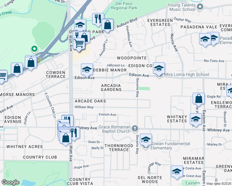 map of restaurants, bars, coffee shops, grocery stores, and more near 3804 Sunnyvale Avenue in Sacramento