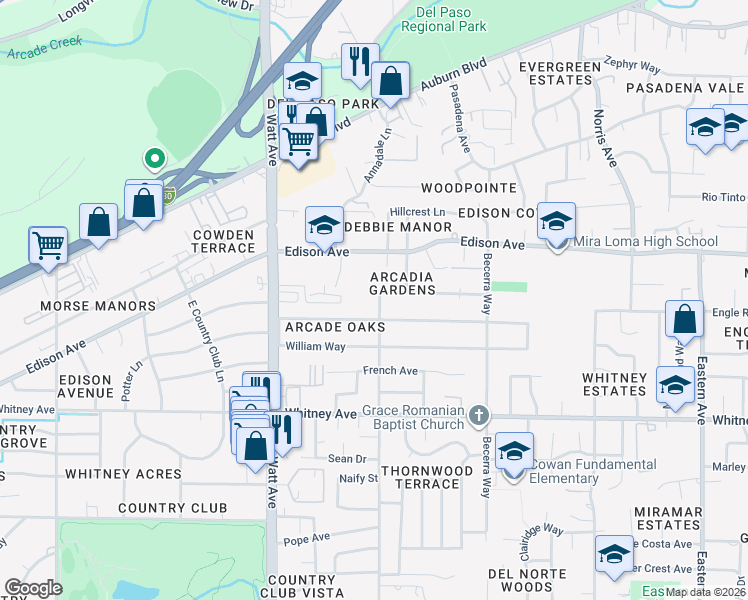 map of restaurants, bars, coffee shops, grocery stores, and more near 3661 Montclaire Street in Sacramento