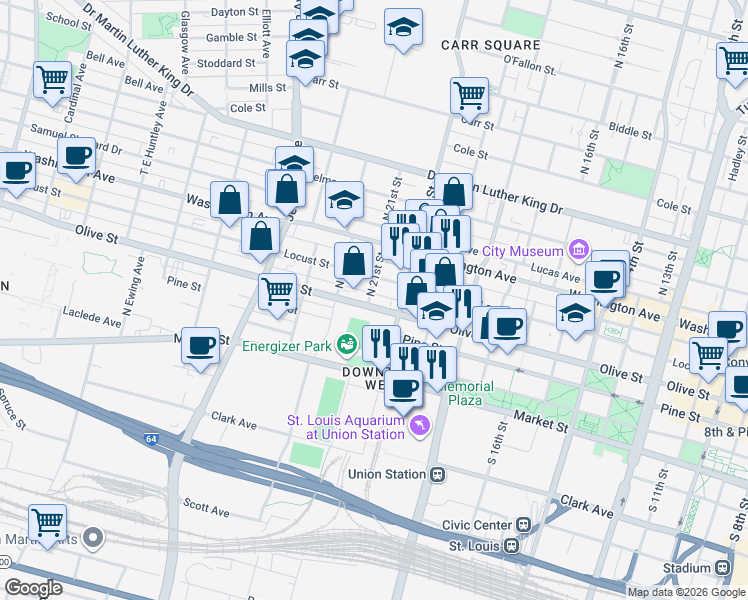 map of restaurants, bars, coffee shops, grocery stores, and more near 2101 Olive Street in St. Louis