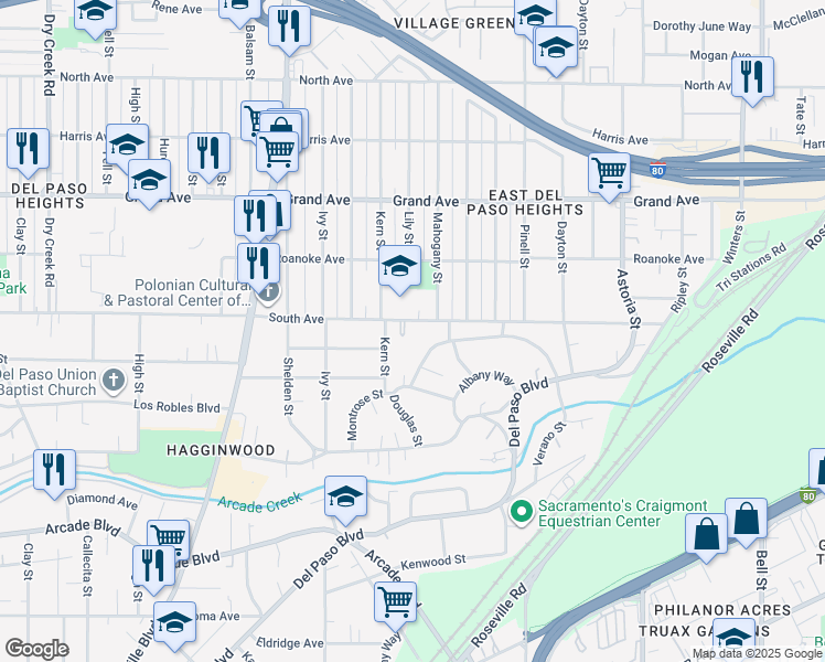 map of restaurants, bars, coffee shops, grocery stores, and more near 1830 South Avenue in Sacramento