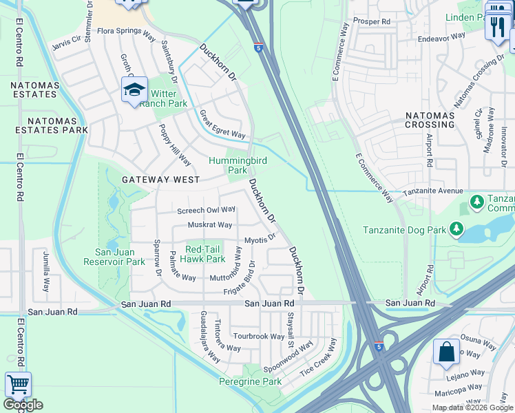 map of restaurants, bars, coffee shops, grocery stores, and more near 3481 Loggerhead Way in Sacramento