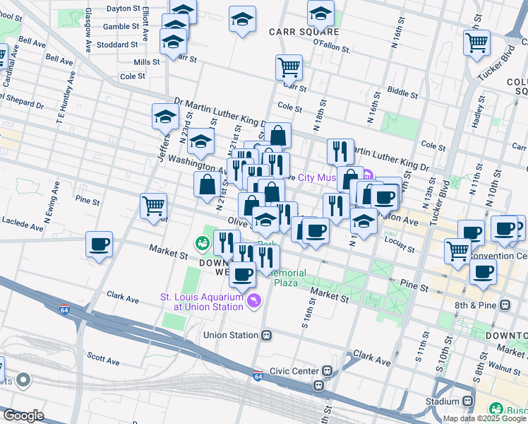 map of restaurants, bars, coffee shops, grocery stores, and more near 15 19th Street in St. Louis