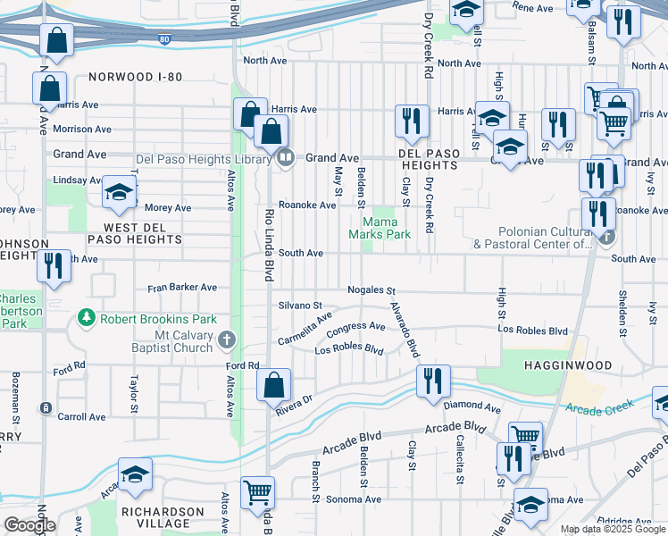 map of restaurants, bars, coffee shops, grocery stores, and more near 3529 May Street in Sacramento