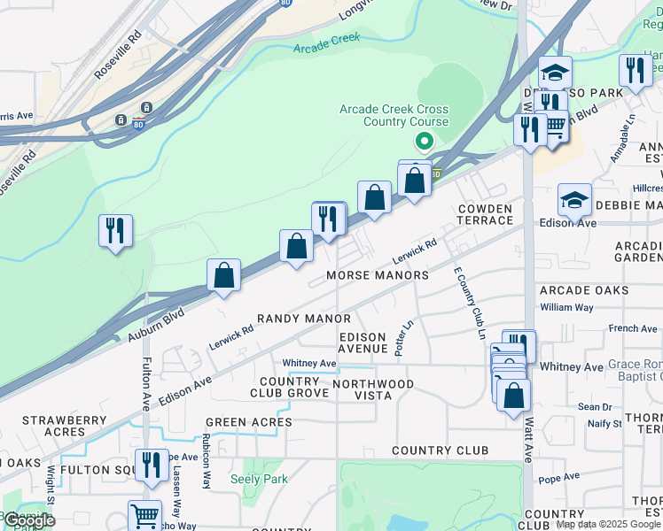 map of restaurants, bars, coffee shops, grocery stores, and more near 3713 Morse Avenue in Sacramento
