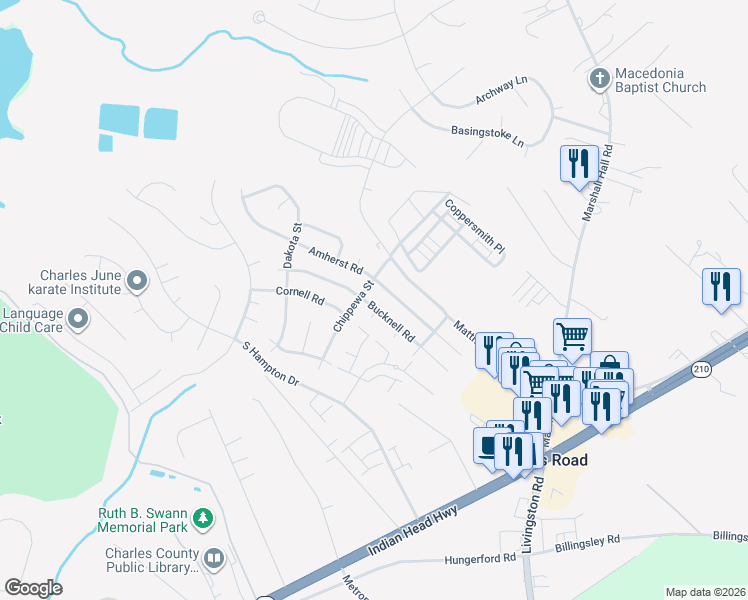 map of restaurants, bars, coffee shops, grocery stores, and more near 6630 Bucknell Road in Bryans Road