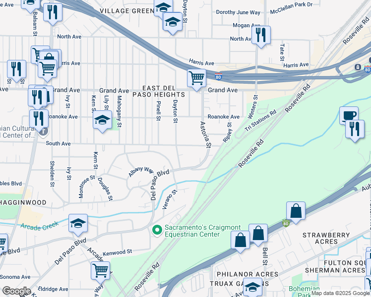 map of restaurants, bars, coffee shops, grocery stores, and more near 2112 South Avenue in Sacramento