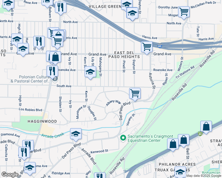 map of restaurants, bars, coffee shops, grocery stores, and more near 1921 Verano St in Sacramento