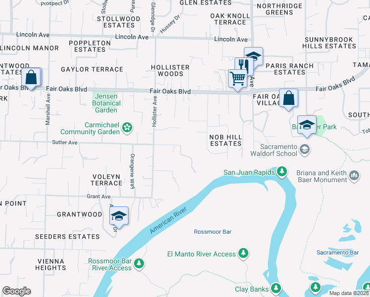 map of restaurants, bars, coffee shops, grocery stores, and more near 7146 Sutter Avenue in Carmichael