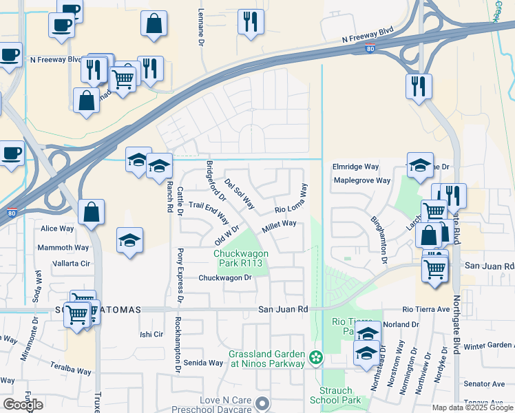map of restaurants, bars, coffee shops, grocery stores, and more near 3512 Del Sol Way in Sacramento