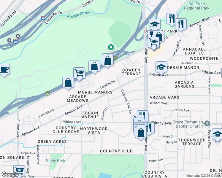 map of restaurants, bars, coffee shops, grocery stores, and more near 3315 Edison Avenue in Sacramento