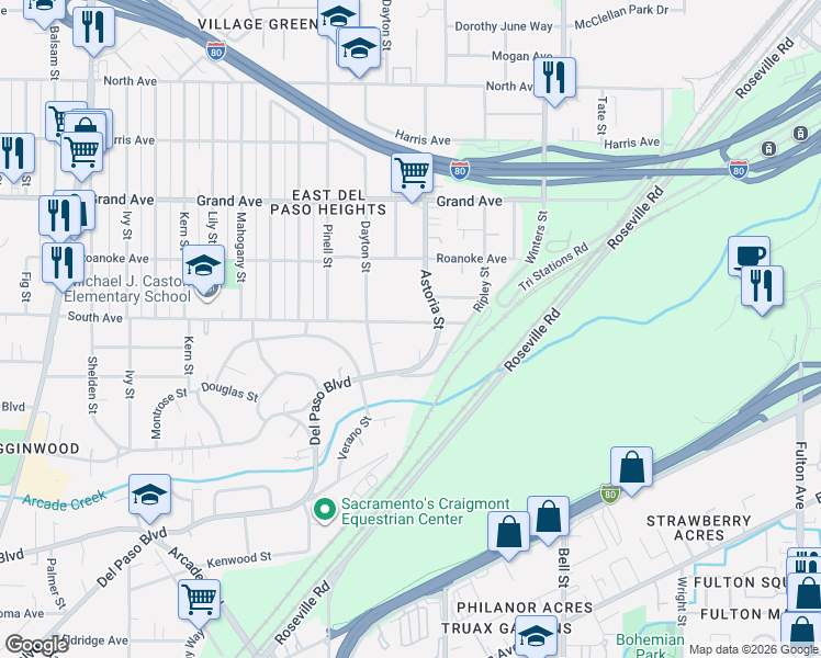 map of restaurants, bars, coffee shops, grocery stores, and more near 3521 Astoria Street in Sacramento