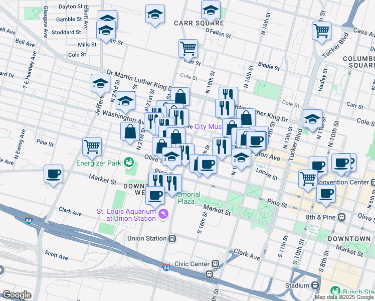 map of restaurants, bars, coffee shops, grocery stores, and more near 1801 Locust Street in St. Louis