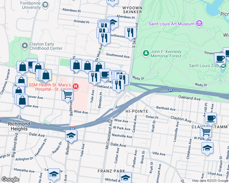 map of restaurants, bars, coffee shops, grocery stores, and more near 1015 Hi Pointe Place in St. Louis