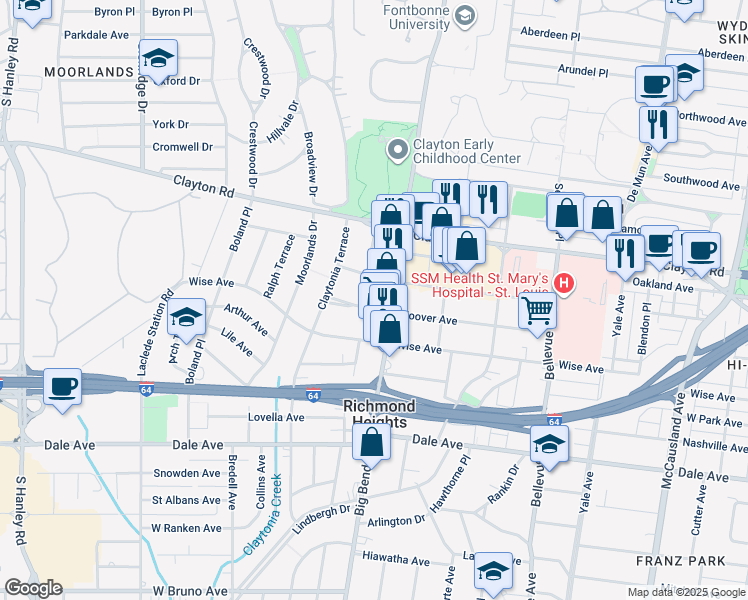 map of restaurants, bars, coffee shops, grocery stores, and more near 1115 South Big Bend Boulevard in St. Louis