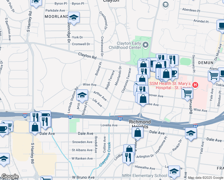 map of restaurants, bars, coffee shops, grocery stores, and more near 1140 Ralph Terrace in Richmond Heights