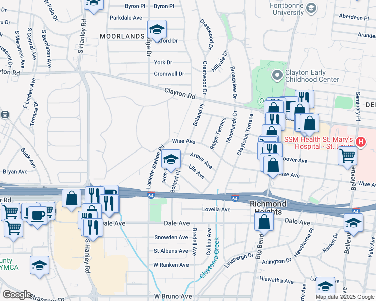 map of restaurants, bars, coffee shops, grocery stores, and more near 1215 Arch Terrace in Richmond Heights