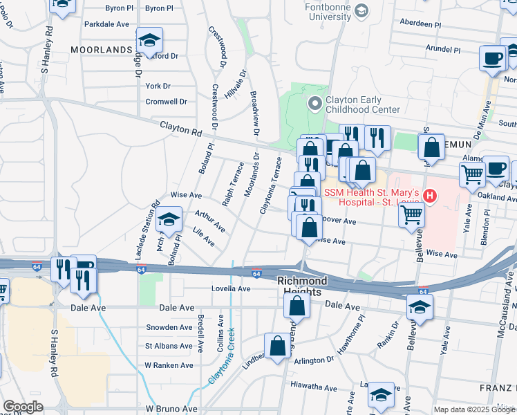 map of restaurants, bars, coffee shops, grocery stores, and more near 1151 Claytonia Terrace in Richmond Heights