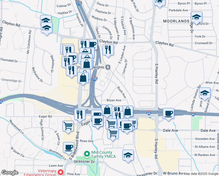 map of restaurants, bars, coffee shops, grocery stores, and more near 1112 East Linden Avenue in Richmond Heights