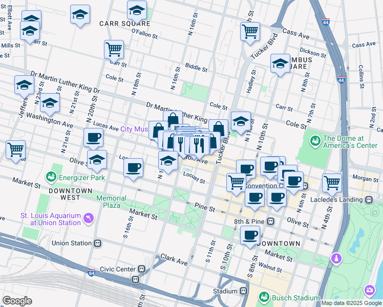 map of restaurants, bars, coffee shops, grocery stores, and more near in St. Louis