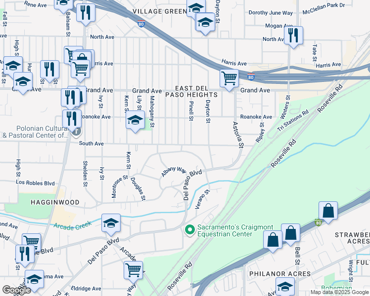 map of restaurants, bars, coffee shops, grocery stores, and more near 2001 Verano St in Sacramento