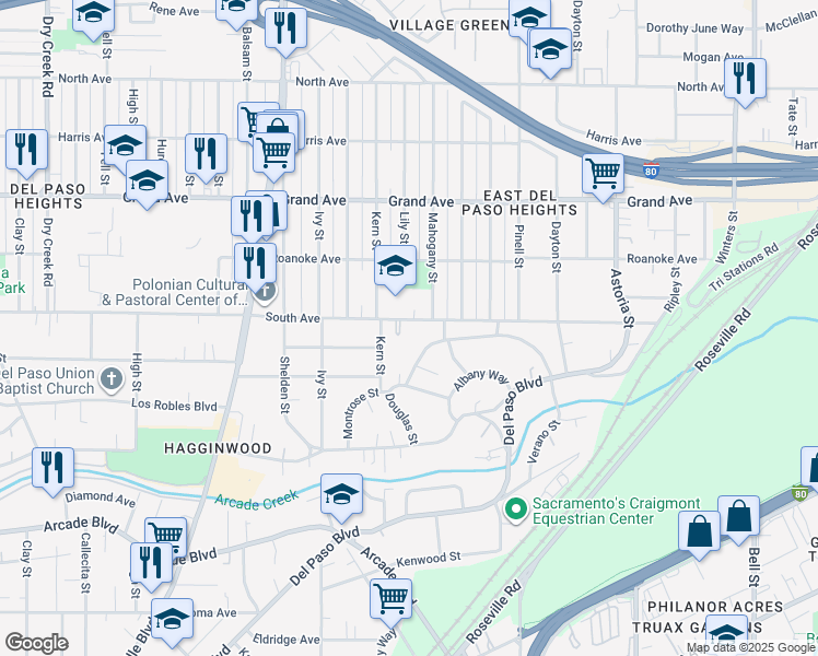 map of restaurants, bars, coffee shops, grocery stores, and more near 1830 South Avenue in Sacramento