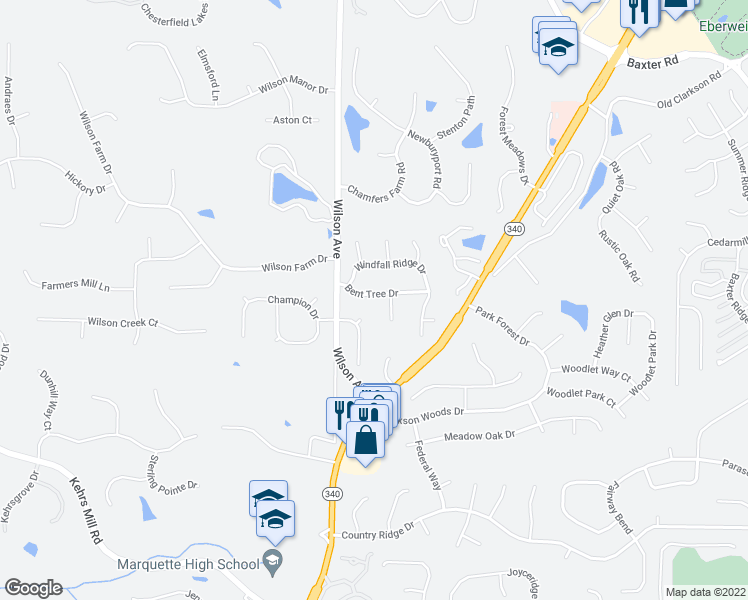 map of restaurants, bars, coffee shops, grocery stores, and more near 16252 Bent Tree Drive in Chesterfield