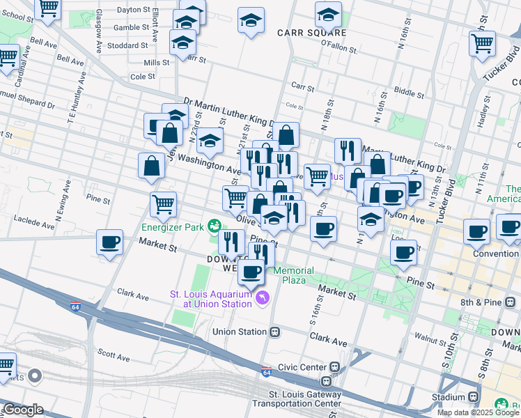 map of restaurants, bars, coffee shops, grocery stores, and more near 1906 Locust Street in St. Louis