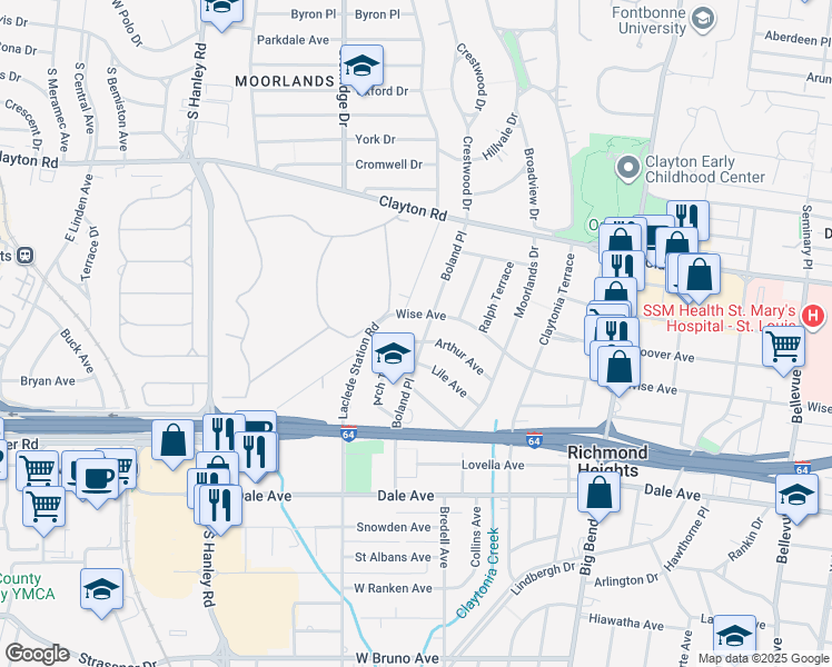 map of restaurants, bars, coffee shops, grocery stores, and more near 1215 Arch Terrace in Richmond Heights