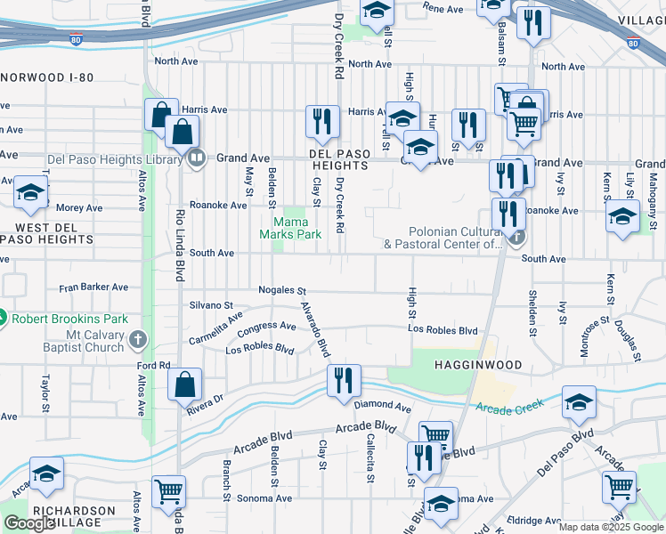 map of restaurants, bars, coffee shops, grocery stores, and more near 1204 South Avenue in Sacramento
