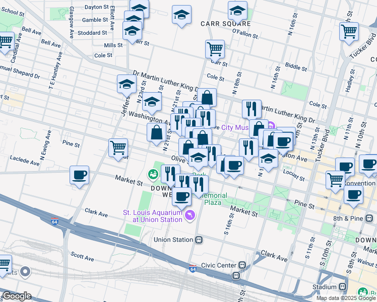 map of restaurants, bars, coffee shops, grocery stores, and more near 1906 Locust Street in St. Louis