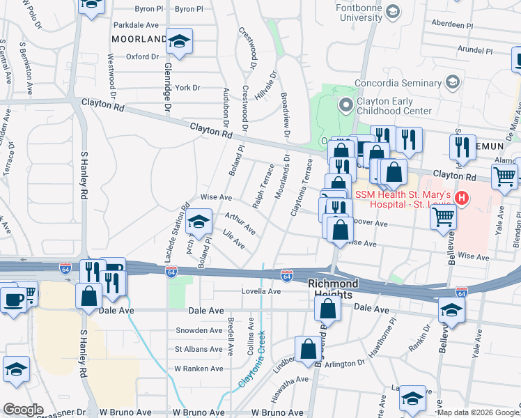 map of restaurants, bars, coffee shops, grocery stores, and more near 1140 Ralph Terrace in Richmond Heights