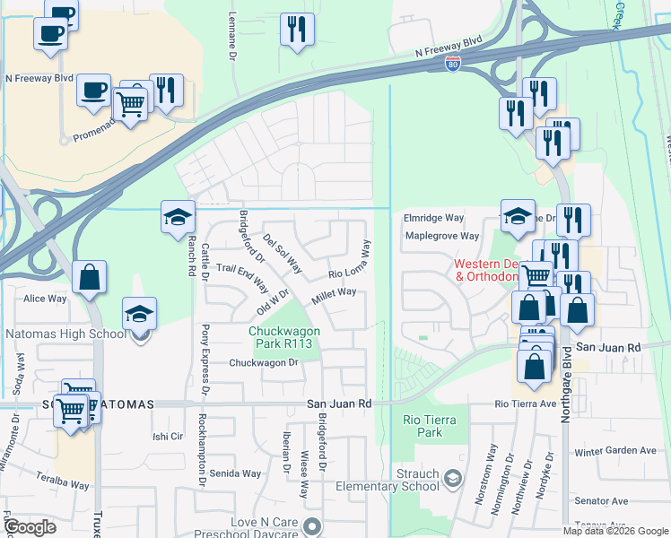 map of restaurants, bars, coffee shops, grocery stores, and more near 3547 Rio Loma Way in Sacramento