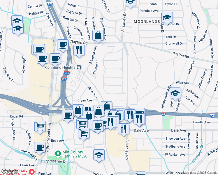 map of restaurants, bars, coffee shops, grocery stores, and more near 96 Lake Forest Drive in St. Louis