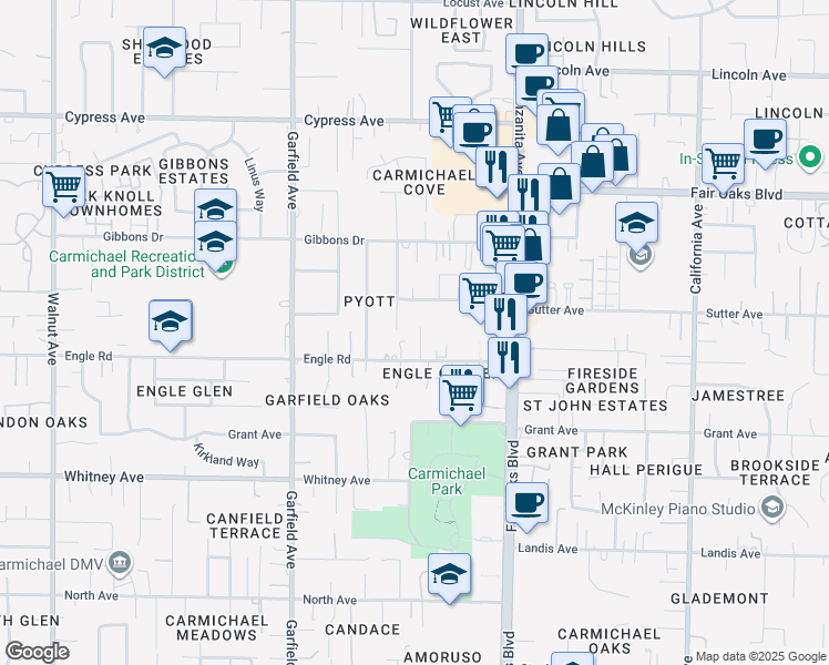 map of restaurants, bars, coffee shops, grocery stores, and more near 3719 Bella Cruz Court in Carmichael
