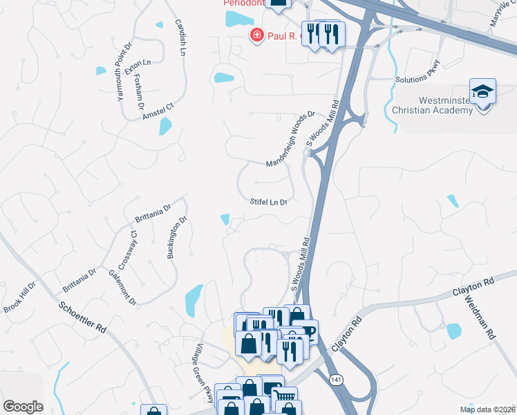 map of restaurants, bars, coffee shops, grocery stores, and more near 1748 Stifel Lane Drive in Chesterfield
