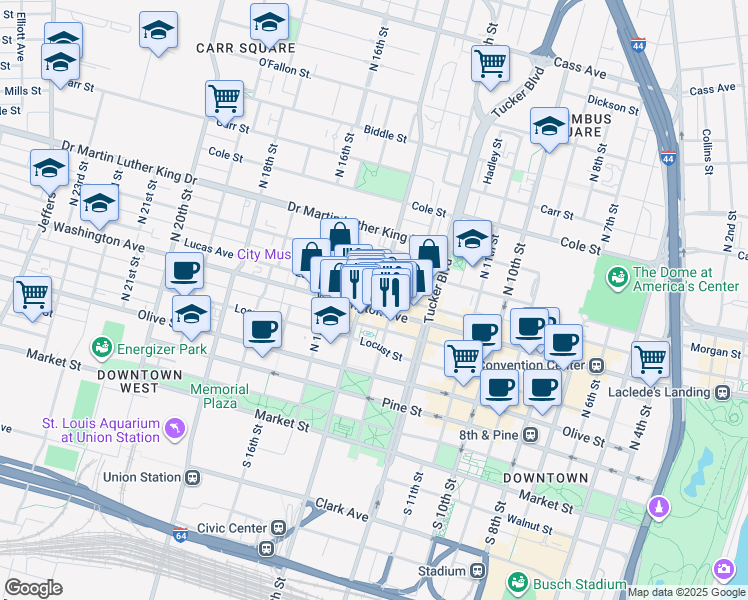 map of restaurants, bars, coffee shops, grocery stores, and more near 500-514 North 14th Street in St. Louis