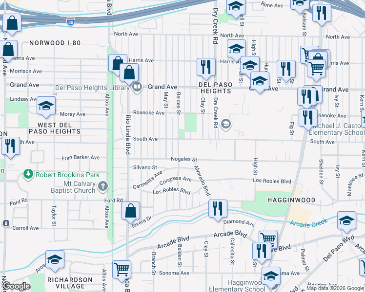 map of restaurants, bars, coffee shops, grocery stores, and more near 3560 Belden Street in Sacramento