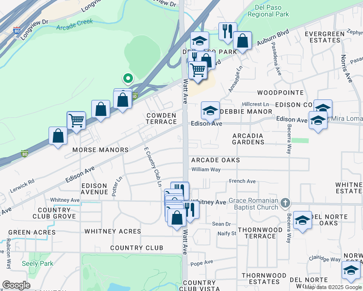 map of restaurants, bars, coffee shops, grocery stores, and more near 3481 Sierra View Lane in Sacramento