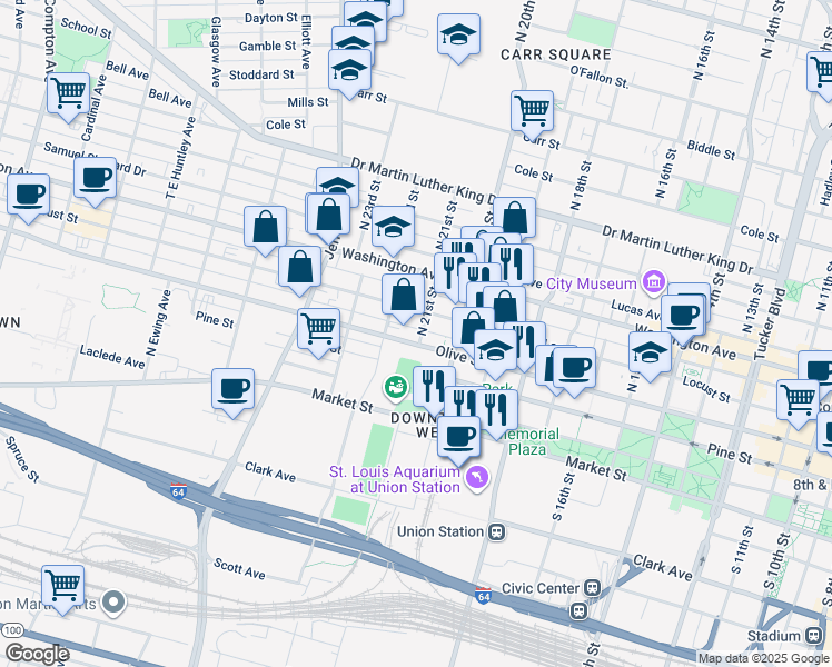 map of restaurants, bars, coffee shops, grocery stores, and more near 2101 Olive Street in St. Louis