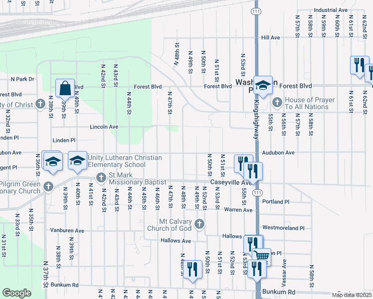 map of restaurants, bars, coffee shops, grocery stores, and more near 1704 North 48th Street in East St. Louis