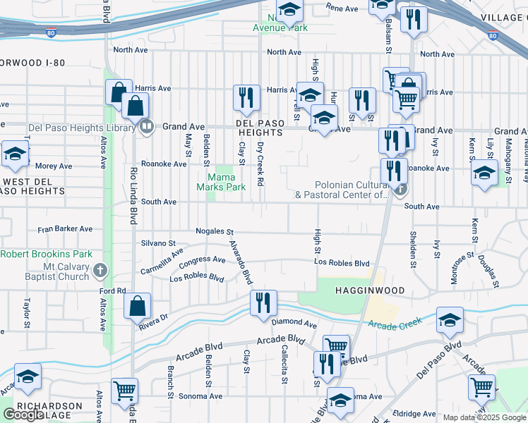 map of restaurants, bars, coffee shops, grocery stores, and more near 1216 South Avenue in Sacramento
