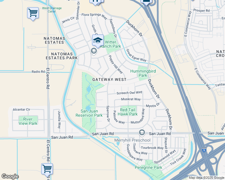 map of restaurants, bars, coffee shops, grocery stores, and more near 17 Petrel Court in Sacramento